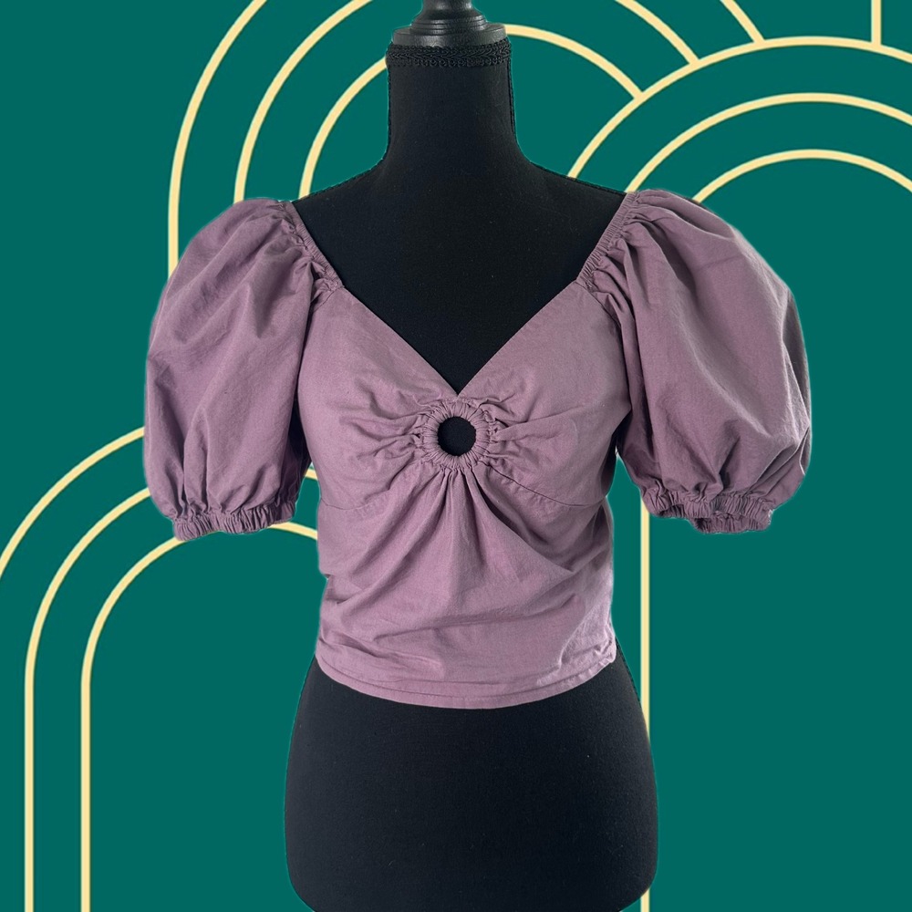 Sim & Sam Mauve Cotton Puff Sleeve Ring Detail Smocked Crop Top Womens Medium